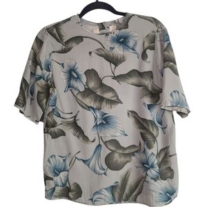 Blue and Green Short Sleeve Blouse with Watercolor Floral Design